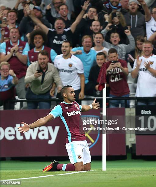 West Ham United's Dimitri Payet celebrates scoring his sides first goal during the EFL Cup Third Round match between West Ham United and Accrington...