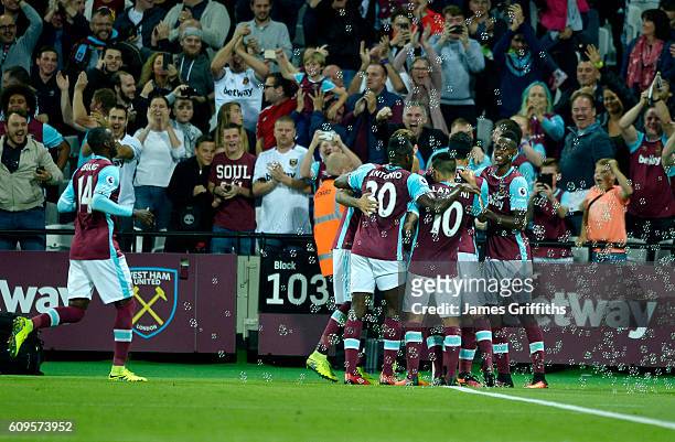 Dimitri Payet of West Ham United celebrates scoring during the match between West Ham United and Accrington Stanley in the EFL Cup Third Round at...
