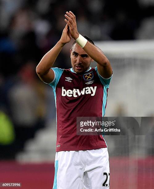 Dimitri Payet of West Ham United applauds the crowd following the match between West Ham United and Accrington Stanley in the EFL Cup Third Round at...