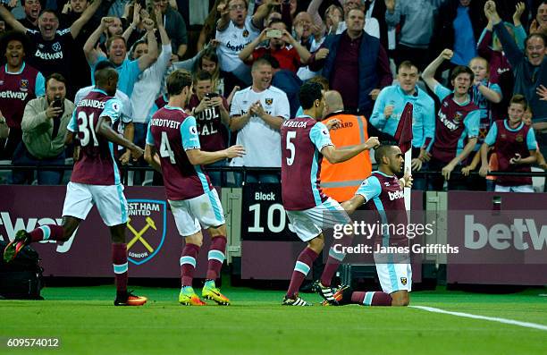 Dimitri Payet of West Ham United celebrates scoring during the match between West Ham United and Accrington Stanley in the EFL Cup Third Round at...