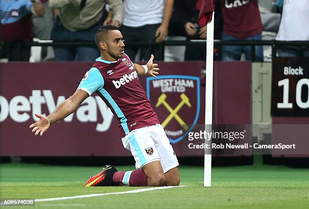 West Ham United's Dimitri Payet celebrates scoring his sides first goal during the EFL Cup Third Round match between West Ham United and Accrington...