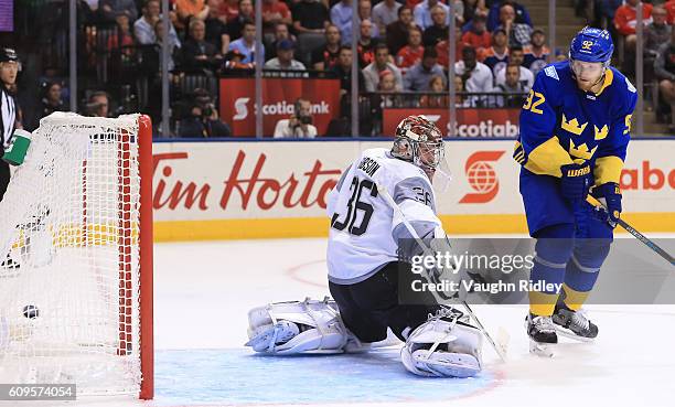 Gabriel Landeskog creates traffic in front of John Gibson of Team North America as Patrik Berglund of Team Sweden scores a third period goal during...