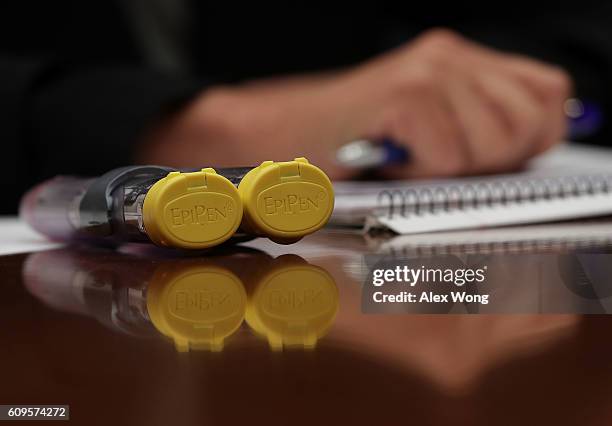 Pack of EpiPen is seen on the witness table during a hearing before the House Oversight and Government Reform Committee September 21, 2016 on Capitol...