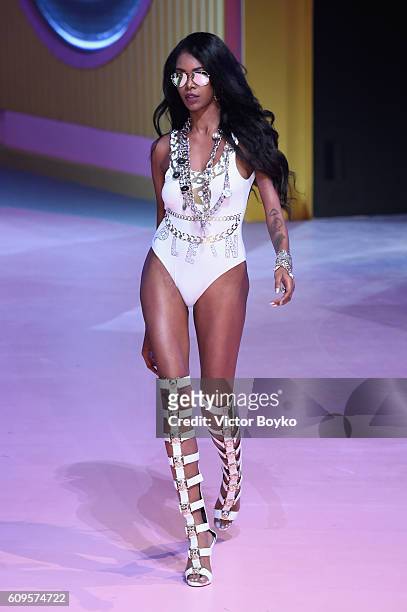 Model Jessica White walks the runway at the Philipp Plein show during Milan Fashion Week Spring/Summer 2017 on September 21, 2016 in Milan, Italy.
