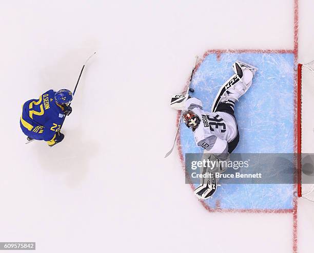 John Gibson of Team North America makes the overtime save on Daniel Sedin of Team Sweden at the World Cup of Hockey tournament at the Air Canada...