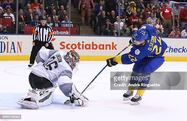 Daniel Sedin of Team Sweden tries to get the puck past Matt Murray of Team North America during the World Cup of Hockey 2016 at Air Canada Centre on...