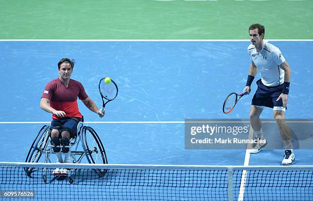 Gold Medal Paralympian Gordon Reid replaces Jamie Murray during the doubles match between Andy Murray and Jamie Murray of Scotland and Tim Henman of...