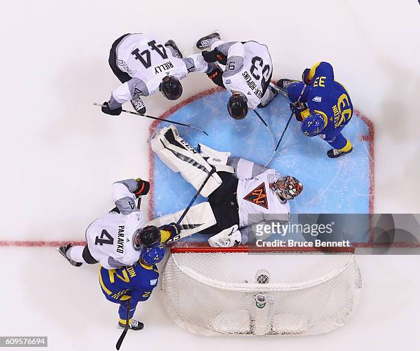 John Gibson of Team North America makes the save against Team Sweden at the World Cup of Hockey tournament at the Air Canada Centre on September 21,...