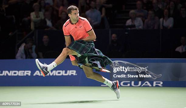 Grigor Dimitrov in action during Andy Murray Live presented by SSE at the SSE Hydro on September 21, 2016 in Glasgow, Scotland.