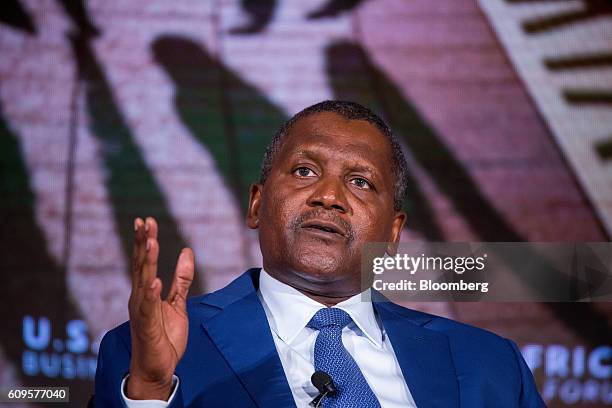 Aliko Dangote, president and chief executive officer of Dangote Sugar Refinery Plc, speaks during the U.S. Africa Business Forum in New York, U.S.,...