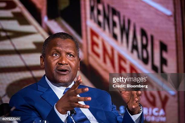 Aliko Dangote, president and chief executive officer of Dangote Sugar Refinery Plc, speaks during the U.S. Africa Business Forum in New York, U.S.,...