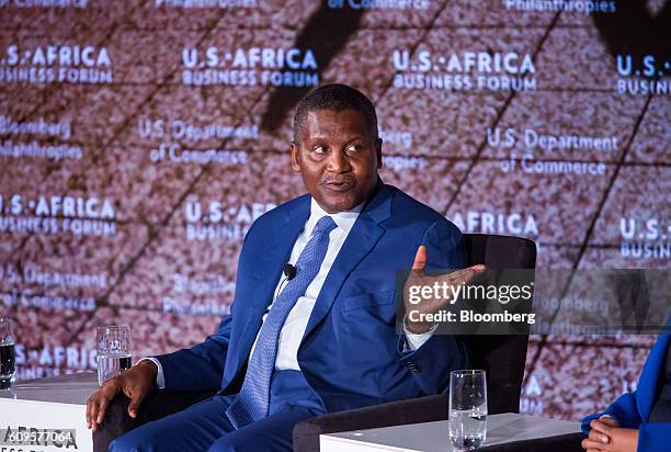 Aliko Dangote, president and chief executive officer of Dangote Sugar Refinery Plc, speaks during the U.S. Africa Business Forum in New York, U.S.,...