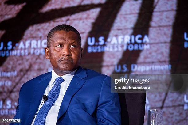 Aliko Dangote, president and chief executive officer of Dangote Sugar Refinery Plc, listens during the U.S. Africa Business Forum in New York, U.S.,...