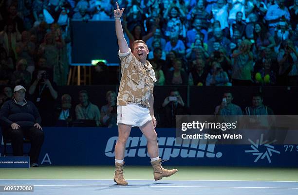 Gary Tank Commander arrives on court to play with Jamie Murray in doubles action against Grigor Dimitrov and Tim Henman during Andy Murray Live...