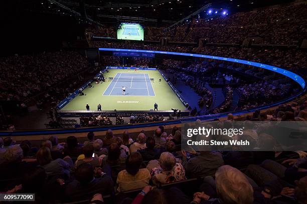 Andy Murray in action against Grigor Dimitrov during Andy Murray Live presented by SSE at the SSE Hydro on September 21, 2016 in Glasgow, Scotland.
