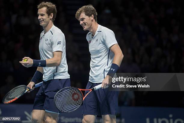 Andy Murray and brother Jamie Murray in doubles action against Tim Henman and Grigor Dimitrov during Andy Murray Live presented by SSE at the SSE...