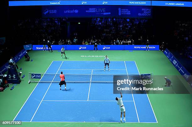 The doubles match between Andy Murray and Jamie Murray of Scotland and Tim Henman of England and Grigor Dimitrov of Bulgaria at Andy Murray Live...