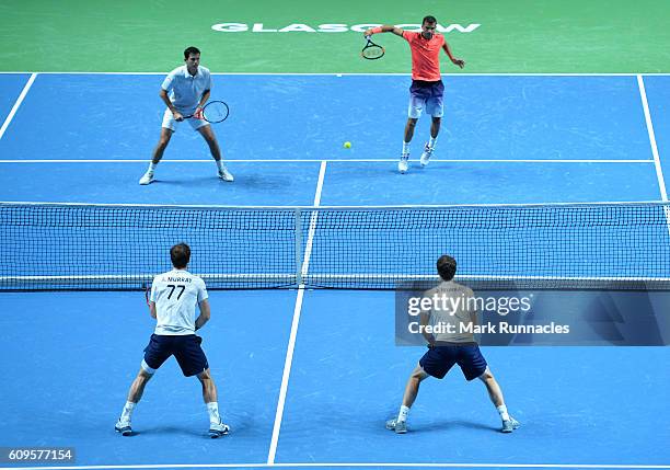 The doubles match between Andy Murray and Jamie Murray of Scotland and Tim Henman of England and Grigor Dimitrov of Bulgaria at Andy Murray Live...