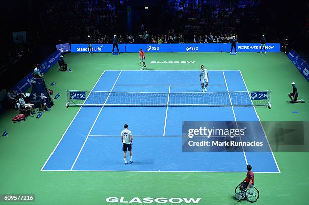 Gold Medal Paralympian Gordon Reid replaces Jamie Murray during the doubles match between Andy Murray and Jamie Murray of Scotland and Tim Henman of...