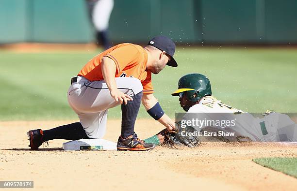 Jose Altuve of the Houston Astros tags out Arismendy Alcantara of the Oakland Athletics for the last out of the game when Alcantara tried to steal...