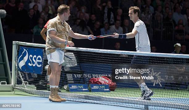 Gary Tank Commander arrives on court to play with Andy Murray in doubles action against Grigor Dimitrov and Tim Henman during Andy Murray Live...