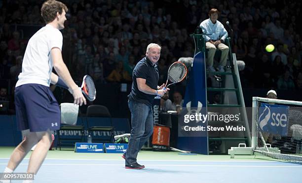 Ally McCoist teams up with Jamie Murray during Andy Murray Live presented by SSE at the SSE Hydro on September 21, 2016 in Glasgow, Scotland.