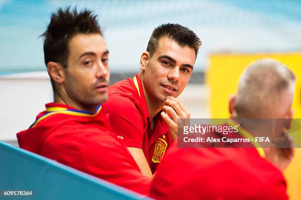 Sergio Lozano and Paco Sedano of Spain look on in the bench before the FIFA Futsal World Cup Round of 16 match between Spain and Kazakhstan at...