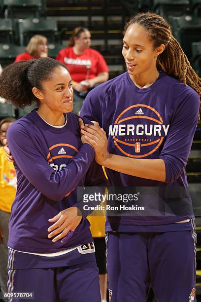 Candice Dupree of the Phoenix Mercury and Brittney Griner of the Phoenix Mercury warm up before the game against the Indiana Fever during Round One...