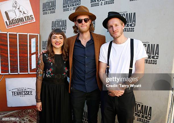 Neyla Pekarek, Wesley Schultz, and Jeremiah Caleb Fraites of The Lumineers attend the Americana Honors & Awards 2016 at Ryman Auditorium on September...