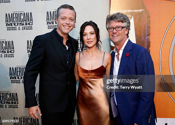 Jason Isbell, Amanda Shires, and Americana Music Association Executive Director Jed Hilly attend the Americana Honors & Awards 2016 at Ryman...