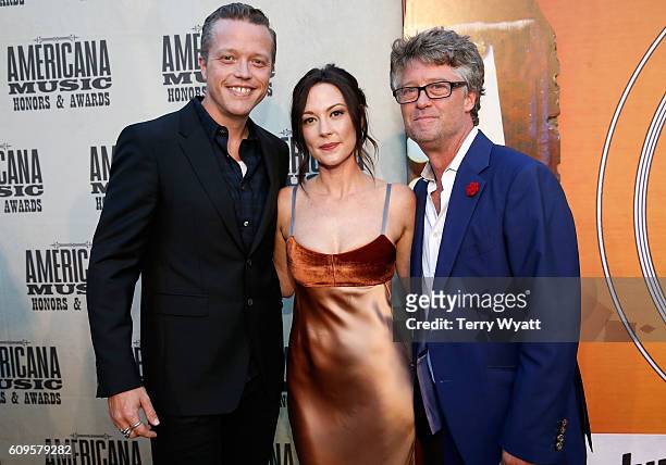 Jason Isbell, Amanda Shires, and Americana Music Association Executive Director Jed Hilly attend the Americana Honors & Awards 2016 at Ryman...