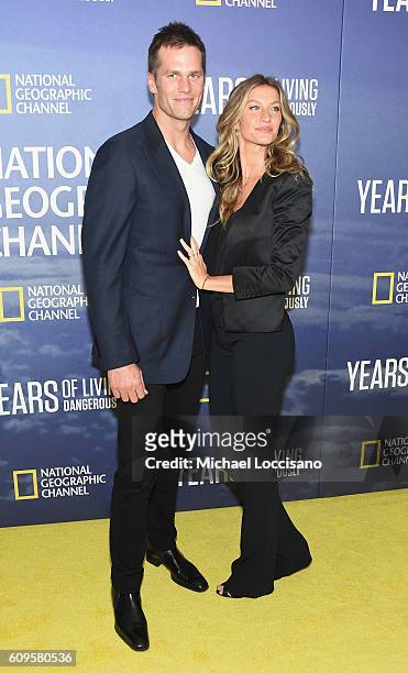 Professional Football player Tom Brady and wife, model Gisele Bundchen attend National Geographic's "Years Of Living Dangerously" new season world...