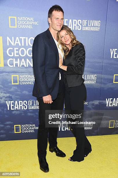 Professional Football player Tom Brady and wife, model Gisele Bundchen attend National Geographic's "Years Of Living Dangerously" new season world...