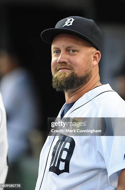 Casey McGehee of the Detroit Tigers looks on from the dugout during the game against the Baltimore Orioles at Comerica Park on September 9, 2016 in...