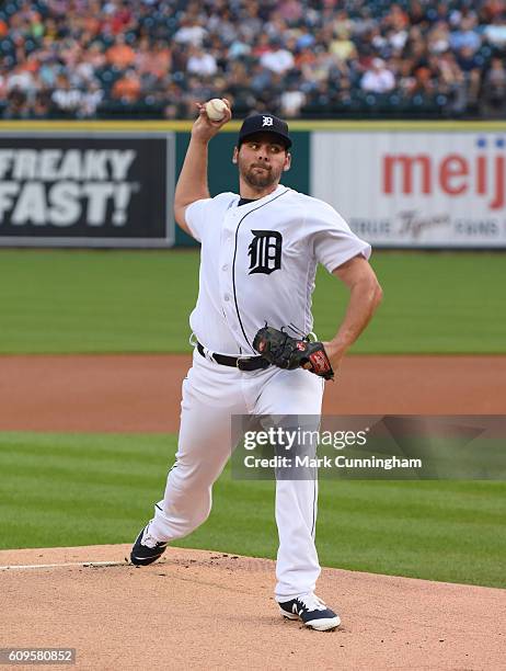 Michael Fulmer of the Detroit Tigers throws a warm-up pitch during the game against the Baltimore Orioles at Comerica Park on September 9, 2016 in...