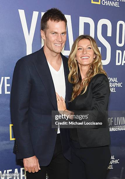 Professional Football player Tom Brady and wife, model Gisele Bundchen attend National Geographic's "Years Of Living Dangerously" new season world...