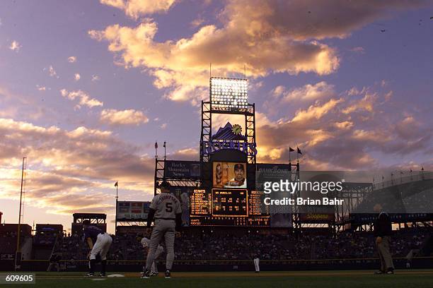 General view of the ambiance on the field at sunset during the game between the San Francisco Giants and the Colorado Rockies at Coors Field in...