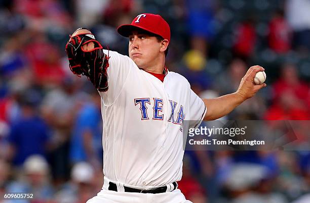 Derek Holland of the Texas Rangers pitches against the Los Angeles Angels in the top of the first inning at Globe Life Park in Arlington on September...