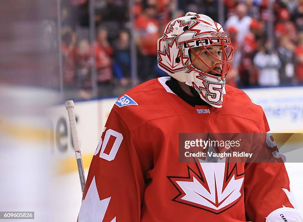 Corey Crawford of Team Canada warms up prior to a game against Team Europe during the World Cup of Hockey 2016 at Air Canada Centre on September 21,...