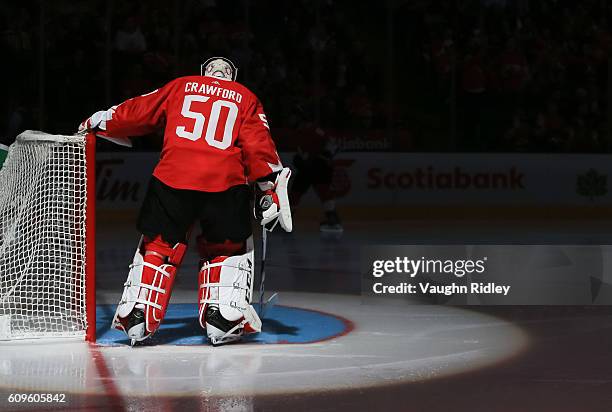 Corey Crawford of Team Canada prior to the game against Team Europe during the World Cup of Hockey 2016 at Air Canada Centre on September 21, 2016 in...