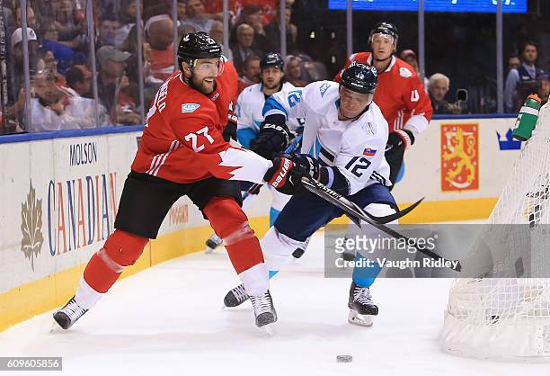 Alex Pietrangelo of Team Canada battles for the puck with Marian Gaborik of Team Europe during the World Cup of Hockey 2016 at Air Canada Centre on...