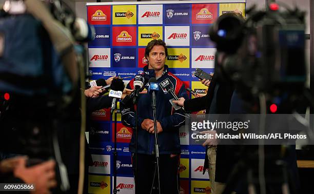 Coach Luke Beveridge speaks to the media during a Western Bulldogs AFL press conference at Whitten Oval on September 22, 2016 in Melbourne, Australia.