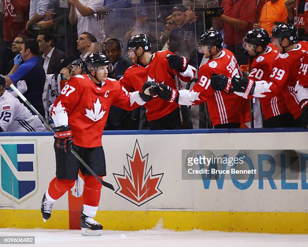 Sidney Crosby of Team Canada celebrates his first period goal against Team Europe at the World Cup of Hockey tournament at the Air Canada Centre on...