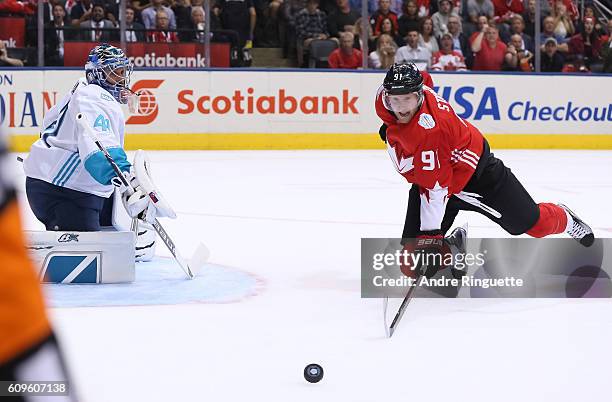 Steven Stamkos of Team Canada dives after a loose puck in front of Jaroslav Halak of Team Europe during the World Cup of Hockey 2016 at Air Canada...