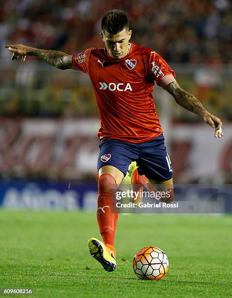 Victor Leandro Cuesta of Independiente kicks the ball during a first leg match between Independiente and Chapecoense as part of Copa Sudamericana...