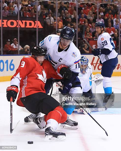 Matt Duchene of Team Canada collides with Anze Kopitar of Team Europe during the World Cup of Hockey 2016 at Air Canada Centre on September 21, 2016...