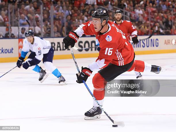 Jonathan Toews of Team Canada fires a slapshot to score a second period goal on Team Europe during the World Cup of Hockey 2016 at Air Canada Centre...