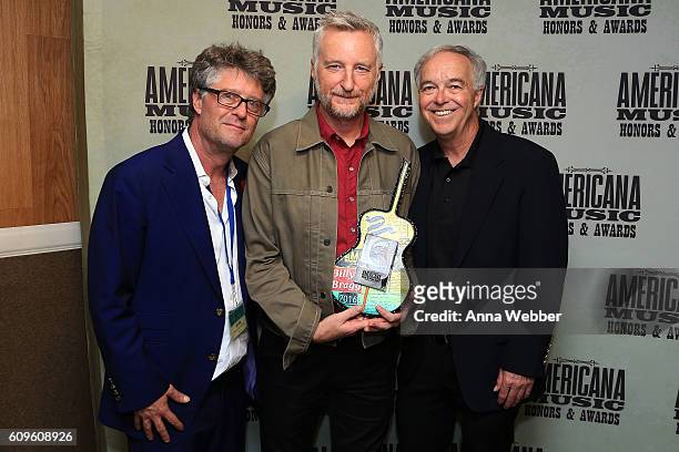 Americana Music Association Executive Director Jed Hilly, Spirit of Americana Award recipient Billy Bragg and Ken Paulson backstage at the Americana...