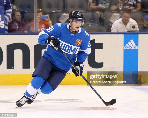 Aleksander Barkov of Team Finland warms up prior to a game against Team North America during the World Cup of Hockey 2016 at Air Canada Centre on...