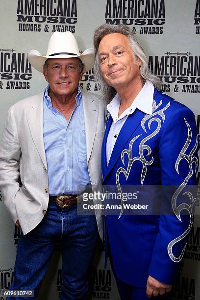 George Strait and Jim Lauderdale backstage at the Americana Honors & Awards 2016 at Ryman Auditorium on September 21, 2016 in Nashville, Tennessee.